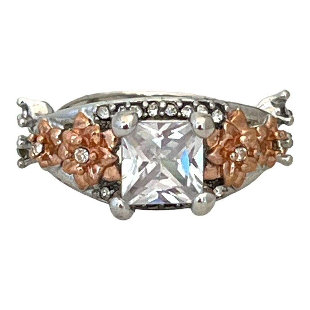 New Floral Crystal Ring Square Stone Silver Rose Gold Tone Size 8.5 - 5V